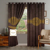 2 Pieces Luxury Velvet Curtain Panels with 2 belts-Brown/Gold 003